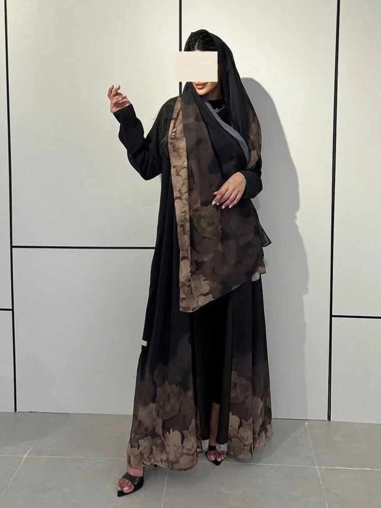 Muslim Women Print Abaya with Scarf 2 Piece Set Eid Abayas Cardigan Casual Long Robe Kaftan Party Ramadan Modest Caftan 2024