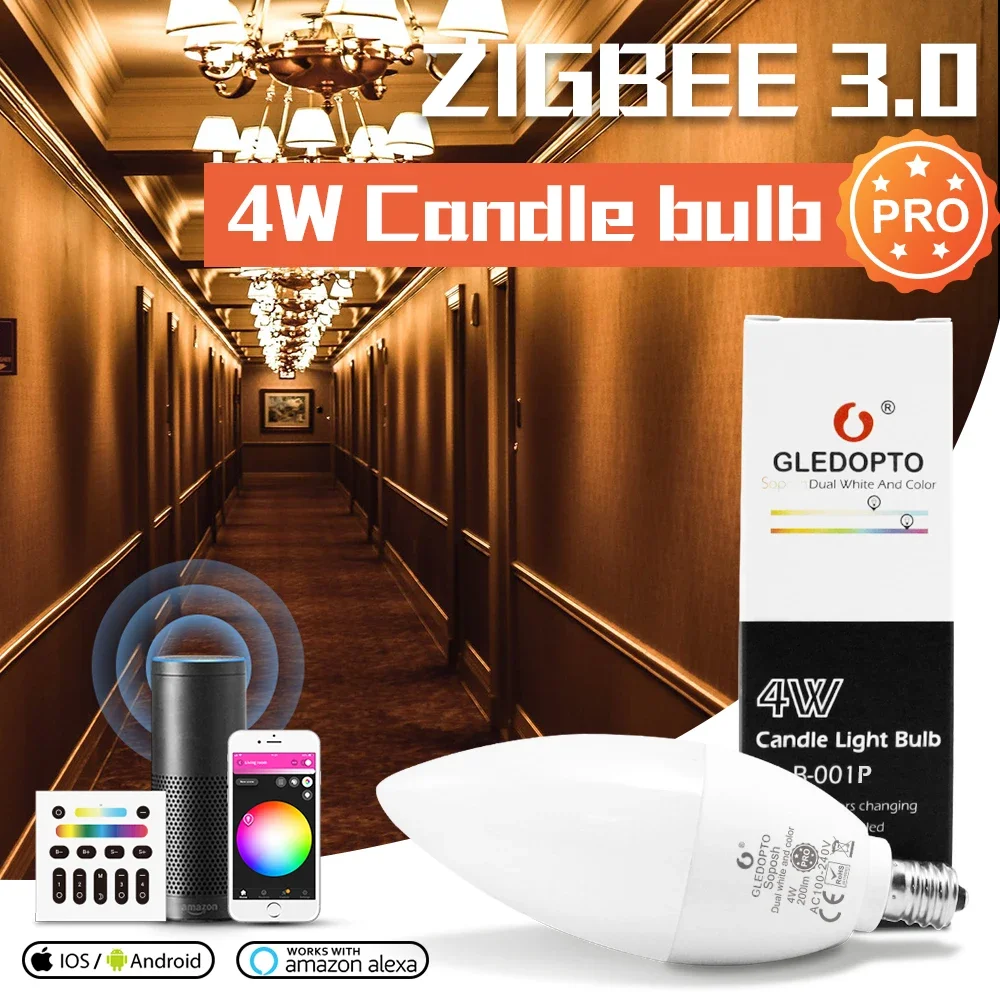 GLEDOPTO Zigbee 3.0 Smart Home Candle Bulb Pro 4W E12/E14 Work With Hub Tuya Smartthings App Alexa Echo Plus RF Remote Control