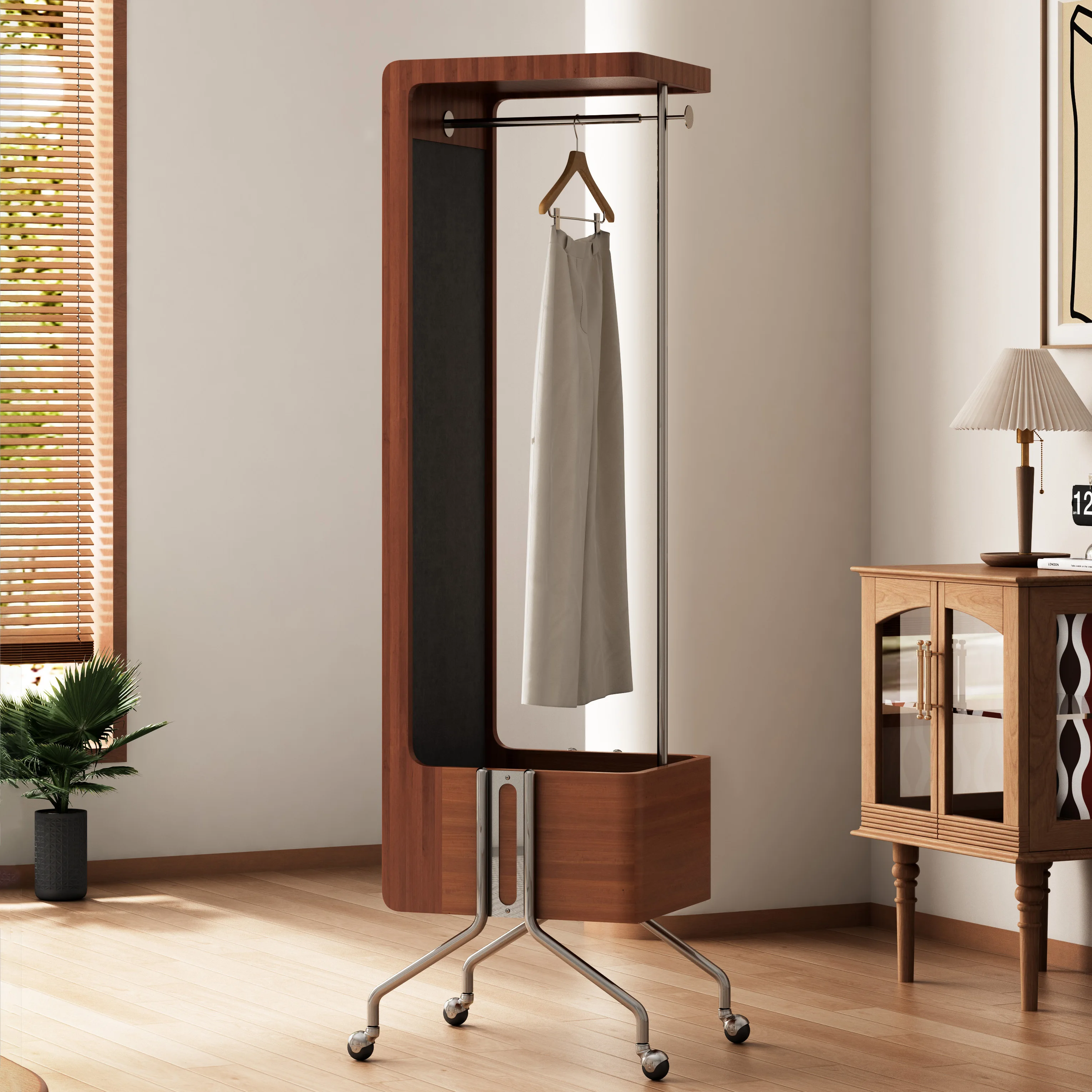 

Household multi-functional solid wood mobile full-length mirror and coat rack are integrated.