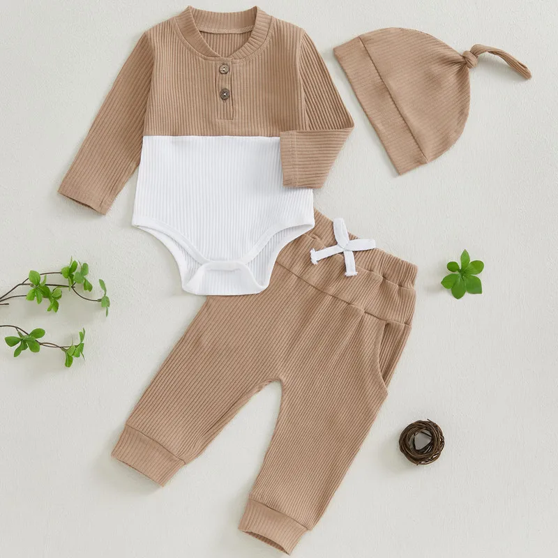 Conjunto de calças para bebê menino de 0 a 18 meses, roupas de primavera e outono, manga comprida, cor contrastante, body + calças + chapéu, conjunto infantil