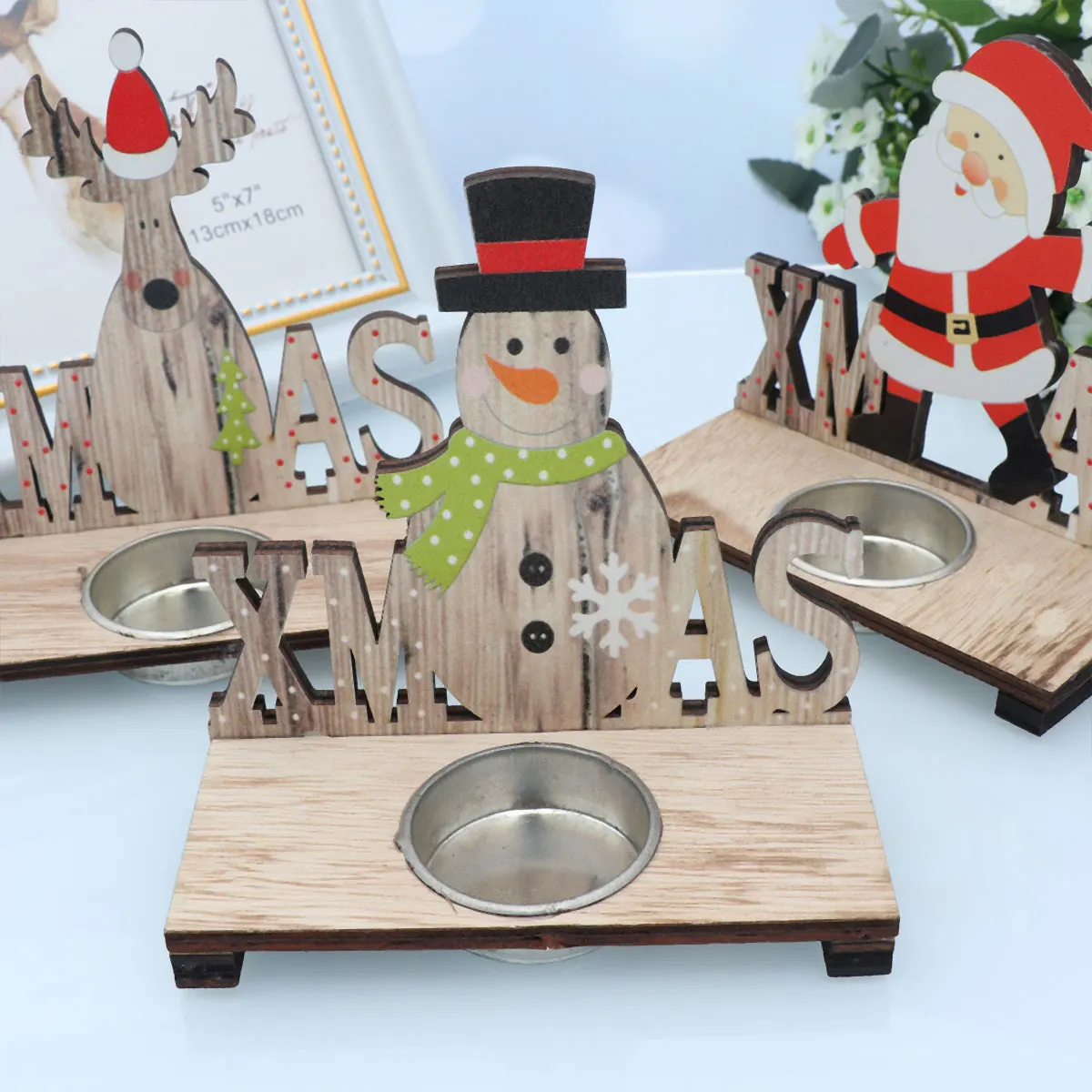 3 قطعة عيد الميلاد حامل خشبي الكرتون نمط Tealight حامل سطح المكتب ديكور سانتا كلوز ثلج الأيائل الشمعدان لتناول الطعام