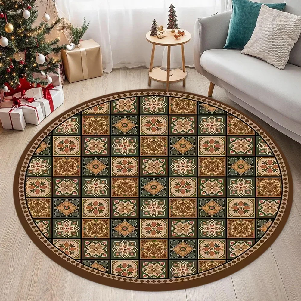 Ethnic Style Circular Carpet Retro Bohemian Style Rug Living Room Bedroom Winter Warm Home Decoration Mat