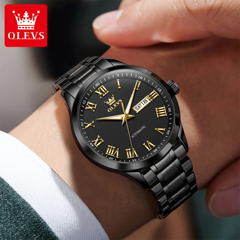 OLEVS 7075 Stainless Steel Mechanical Men's Watches Roman Scale Auto Date Waterproof Luminous Luxury Business Automatic Watches