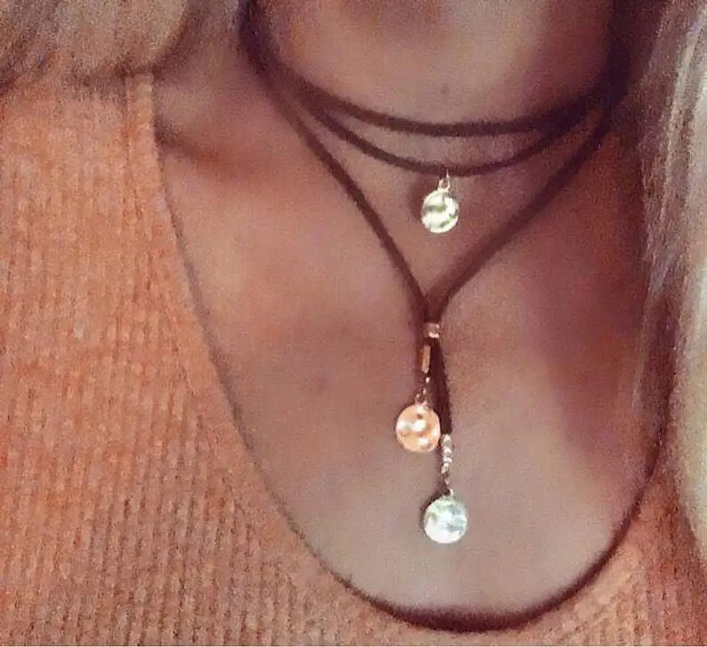 Boho Hammer Coin Disc Layered Velvet Rope Choker Necklace for Women Southwestern - view 2