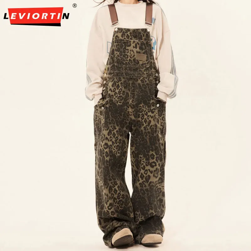 2024 Autumn retro street leopard print overalls with trendy Instagram style design, loose and wide leg casual jumpsuit pants