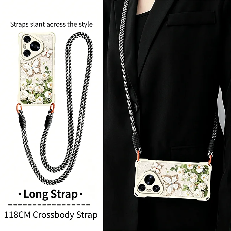 Crossbody Lanyard Phone Case For Huawei Pura 70 Pro/70Ultra/ P60 Pro/Mate60 Pro Soft Cases Cute Butterfly Flower Painting Cover