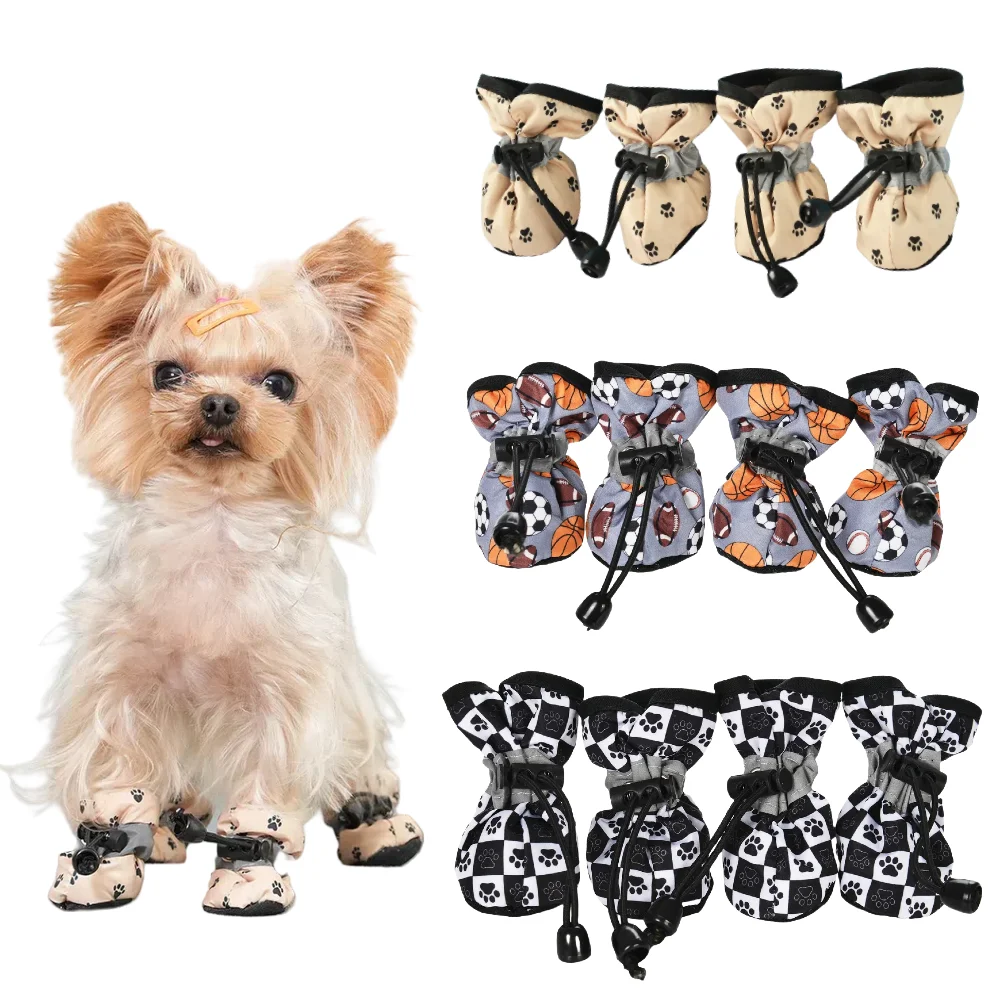 4pcs/set Winter Waterproof Dog Shoes Small Medium Dogs Soft Anti-slip Warm Adjustable Puppy Rain Boots Yorkshire Pug Supplies