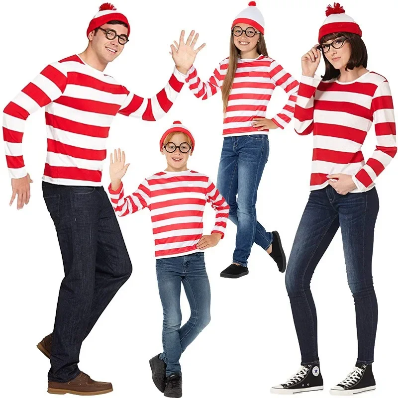 Where 'S Wally Waldo Ouder Kind Cosplay Kostuum Streep Shirt Met Lange Mouwen Boek Week Cos Outfits Met Hoed Bril Voor Volwassen Kind