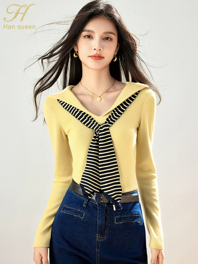 

H Han Queen 2025 осенний трикотаж, корейские два искусственных шалей, топы, женские свитера с длинными рукавами, элегантные простые винтажные повседневные пуловеры