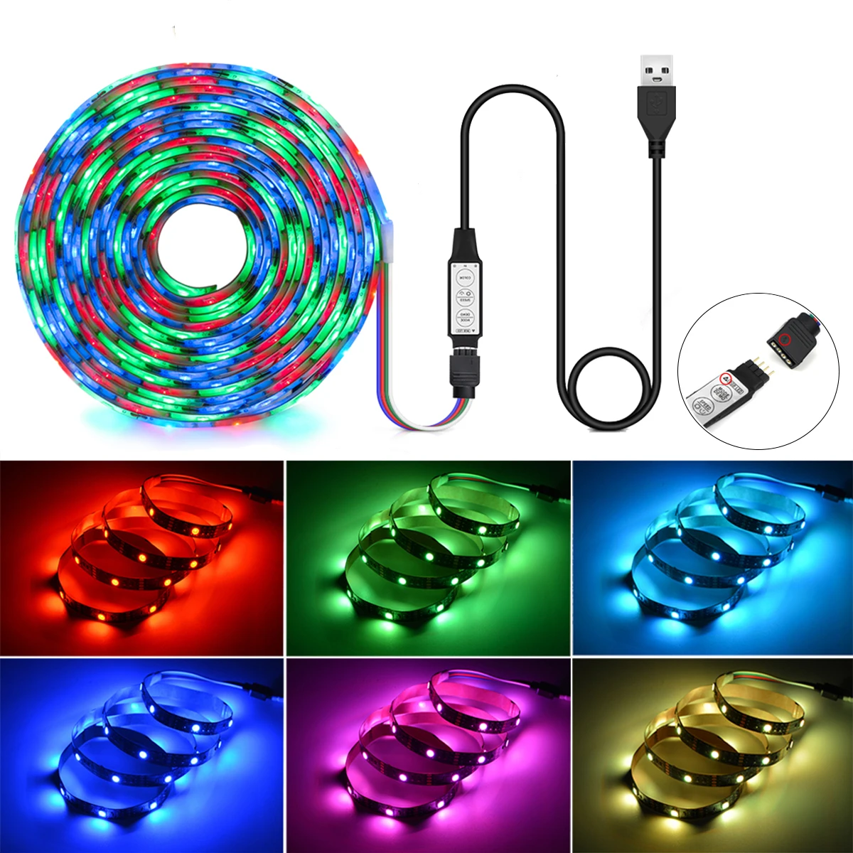 2835 RGB LED Diodes Light Strip 5V USB Button Control Dimmable 3Key Controller Waterproof Tape Holiday Wall Room Decorative Lamp