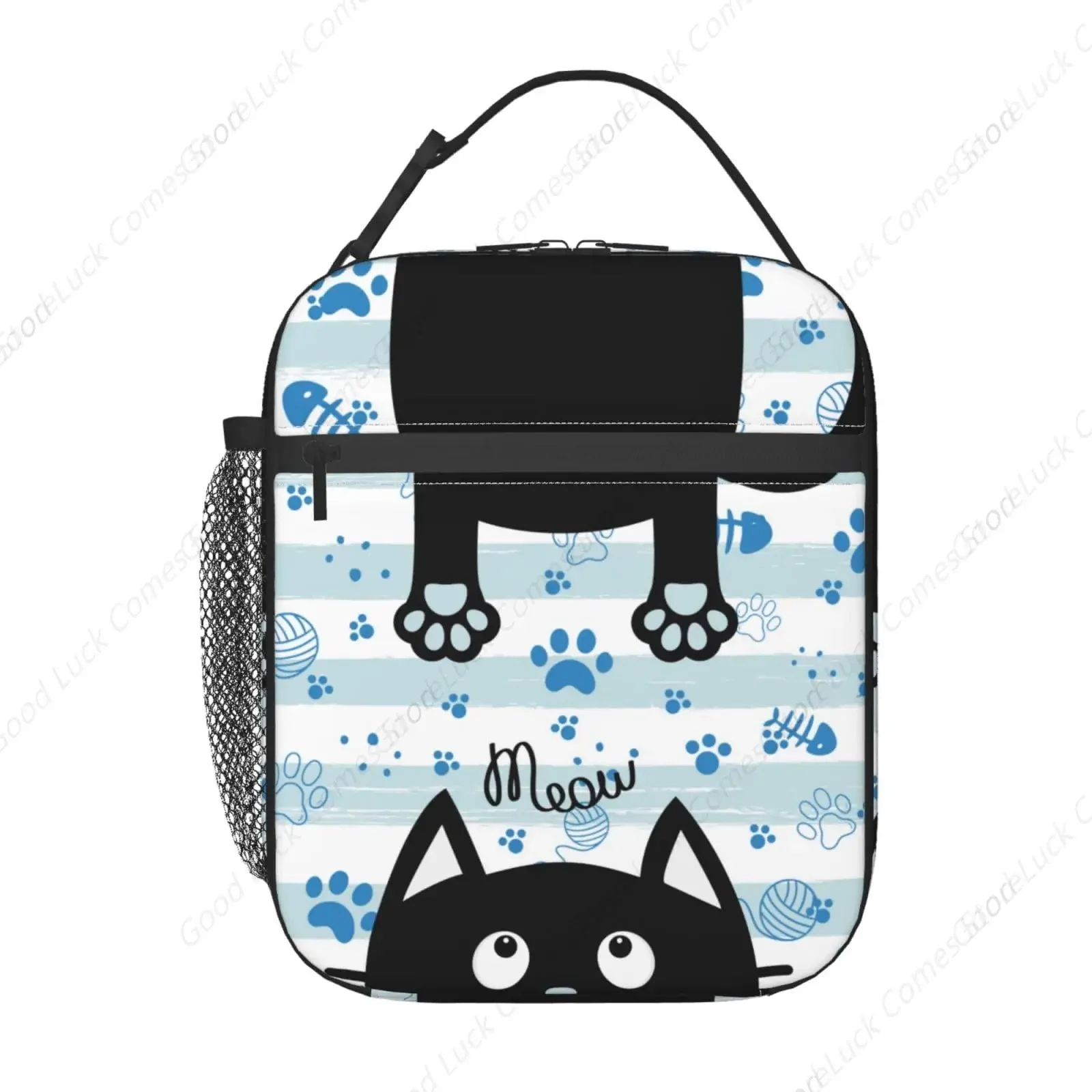Black Cat Lunch Box for Kids Boys Girls, Blue and White Striped Cat Paws Insulated Lunch Bag for Women Men, Leakproof Durable