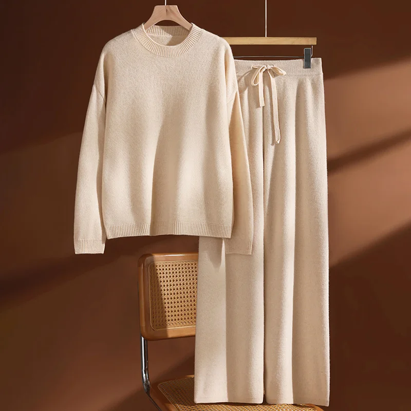 New Women Wool O-neck Pullover Wide Leg Pants Set 100% Wool Sweater Autumn Winter Casual Dropping Sleeve Knit Loose Top Trousers
