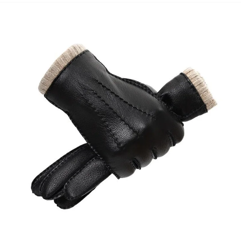 

High Quality Men Genuine Sheepskin Leather Gloves Winter Warm wool Lined Touch Screen Full Finger Driving Motorcycle Gloves