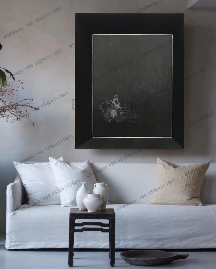 Wabi Sandy Wind hand-painted model room sofa entrance solid wood linen frame hanging mural