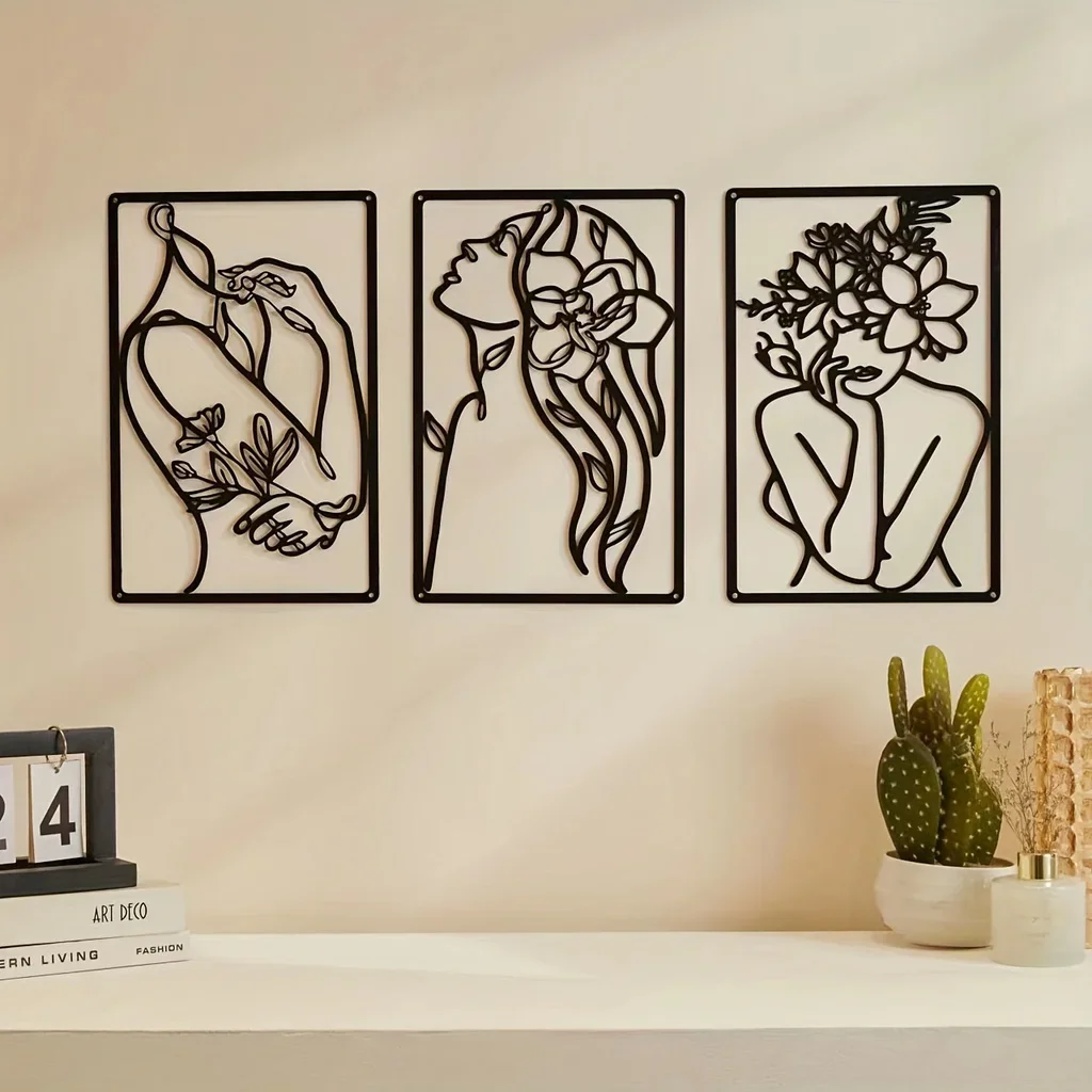Minimalista Mulher Abstrata Wall Hanging Art, Linha Moderna Desenho, Metal Home Decor, Linha Única de Parede Feminina, 3Pcs
