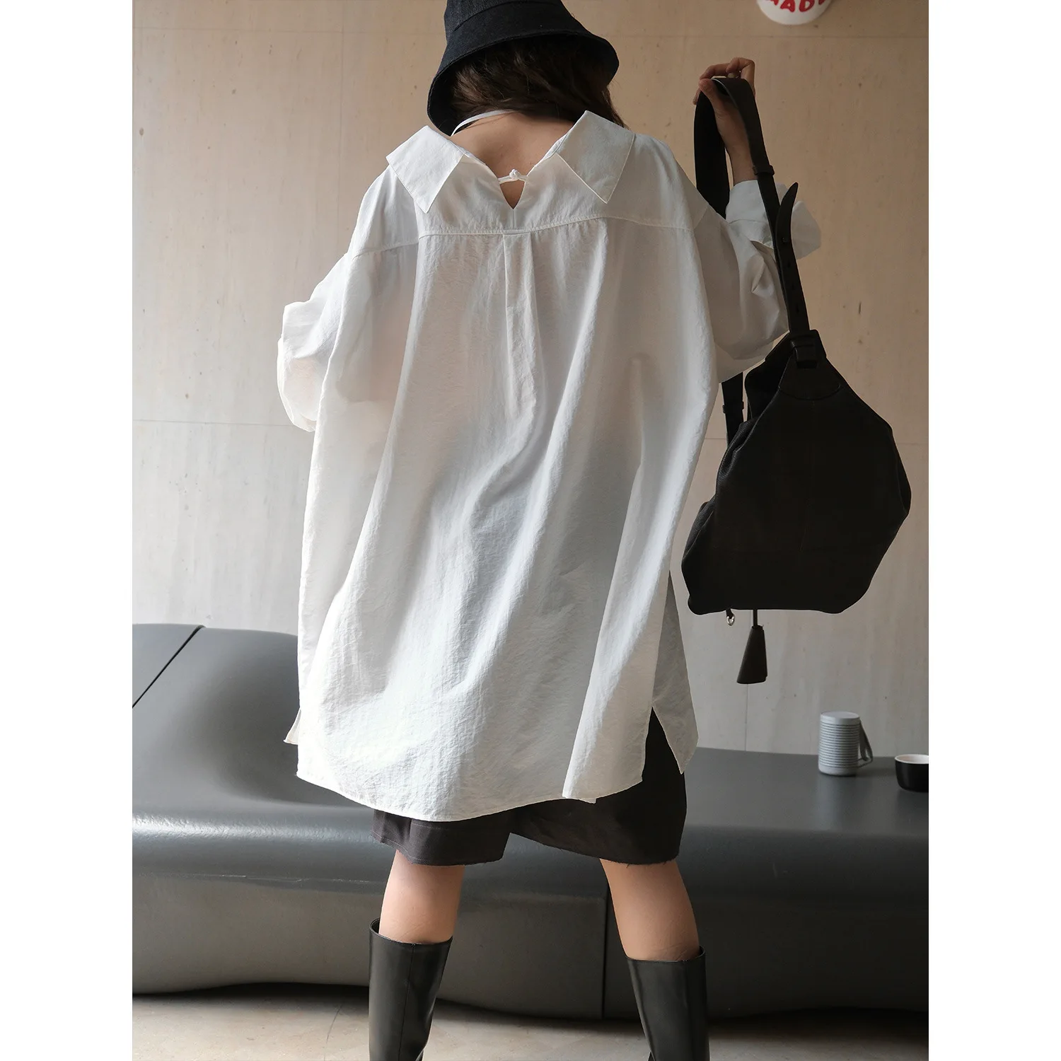 UMI MAO Autumn New Collection Japanese Lazy Large Edition White Collar Shirt Femme Loose Look Slim Medium Long Top For Women