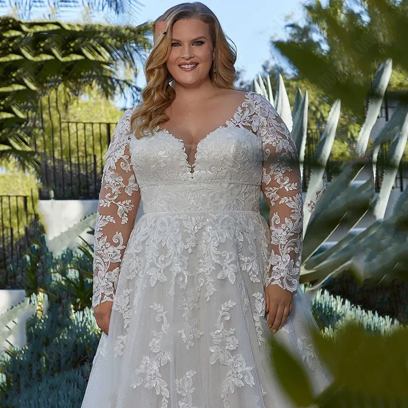 

Customized Elegant Wedding Dresses For Woman Plus Size Long Sleeves Applique Bride Gowns A-Line V-Neck Tulle vestidos de novia