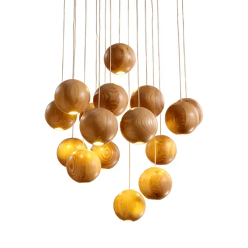 In the Nordic art creative personality hotel living room lighting log wood ball LED simple restaurant chandelier