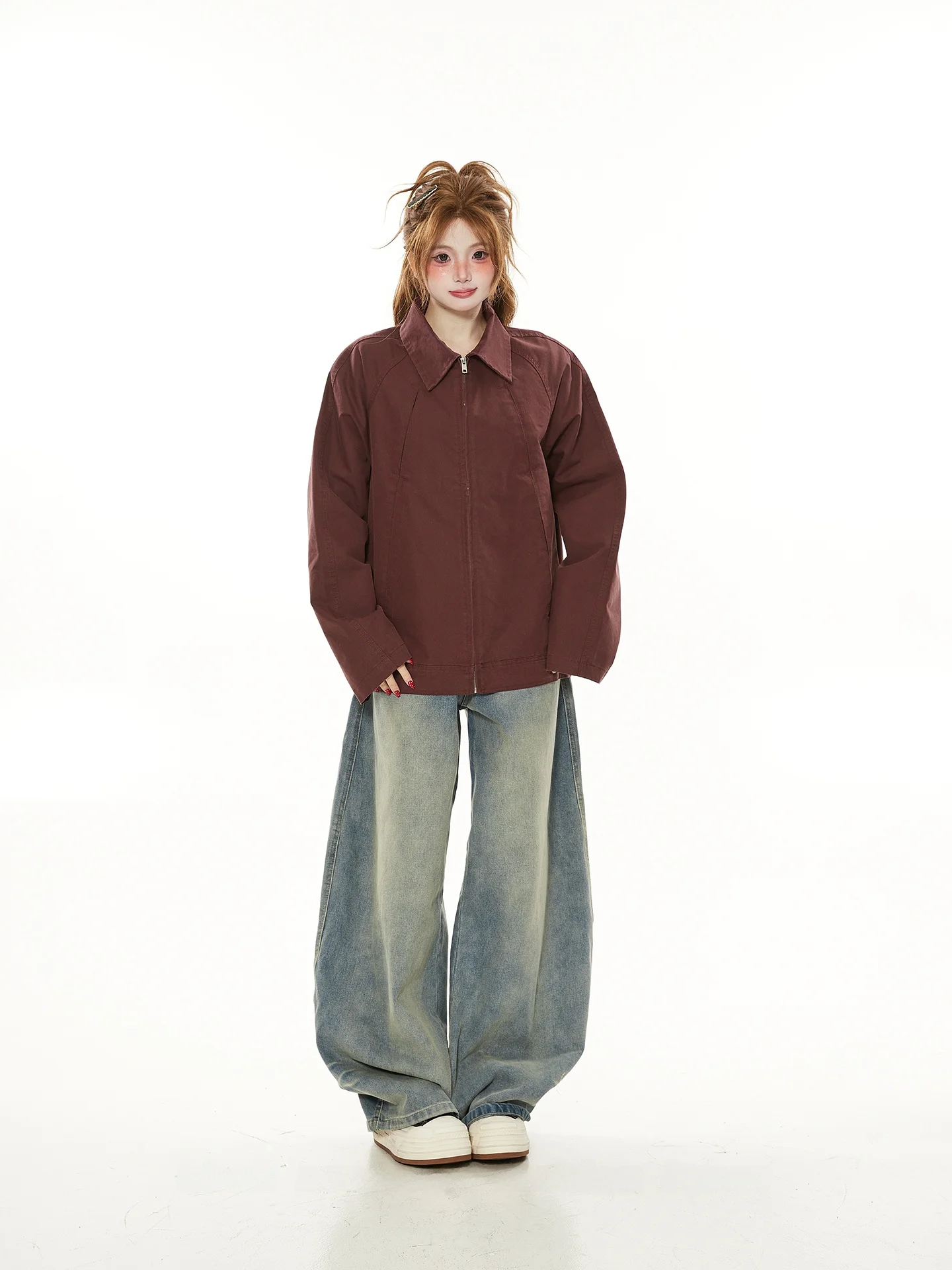 

American Retro Casual Collar Jaet Women's Spring Autumn New Loose Oversize Couple Outerwear Cotton Long Sve Zipper