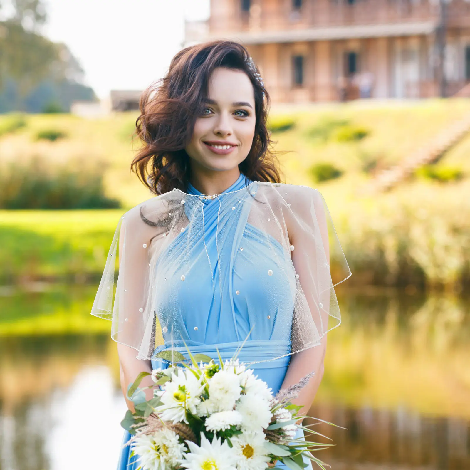 

Свадебная накидка из тюля с жемчугом и стразами, палантин для свадебного платья, аксессуар для фотосессий и торжественных мероприятий