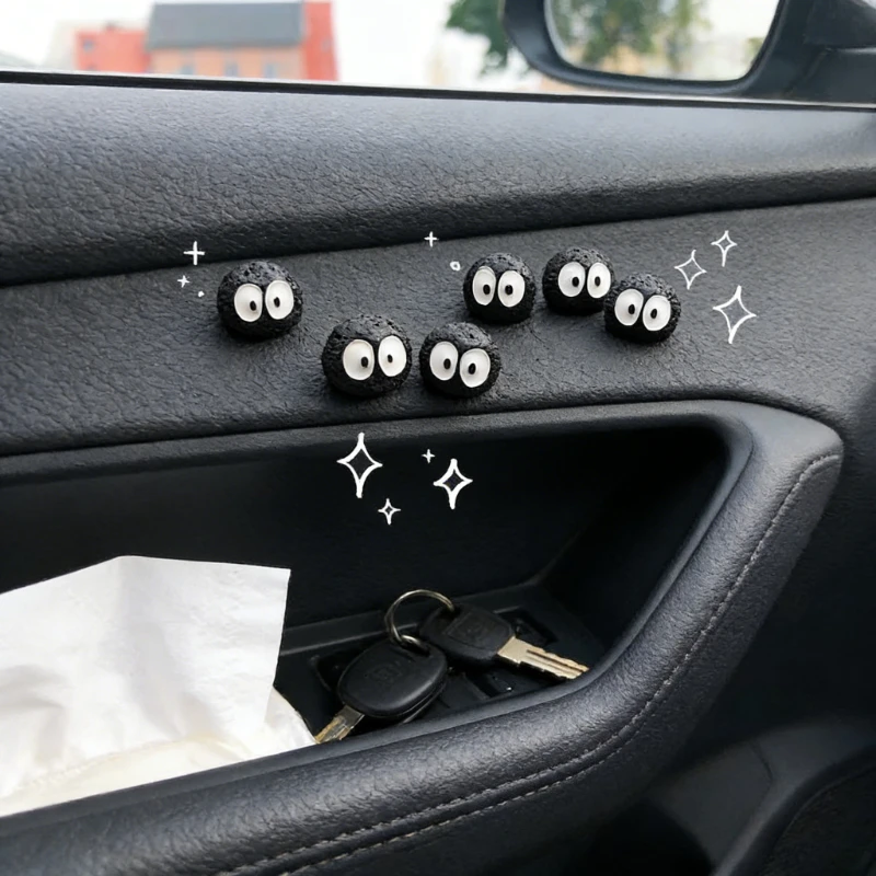 6Pcs Cute Mini Coal Ball Fairy Ornament Car Interiors Center Console Rearview Mirror Decoration Fun Cartoon Figurines Home Decor