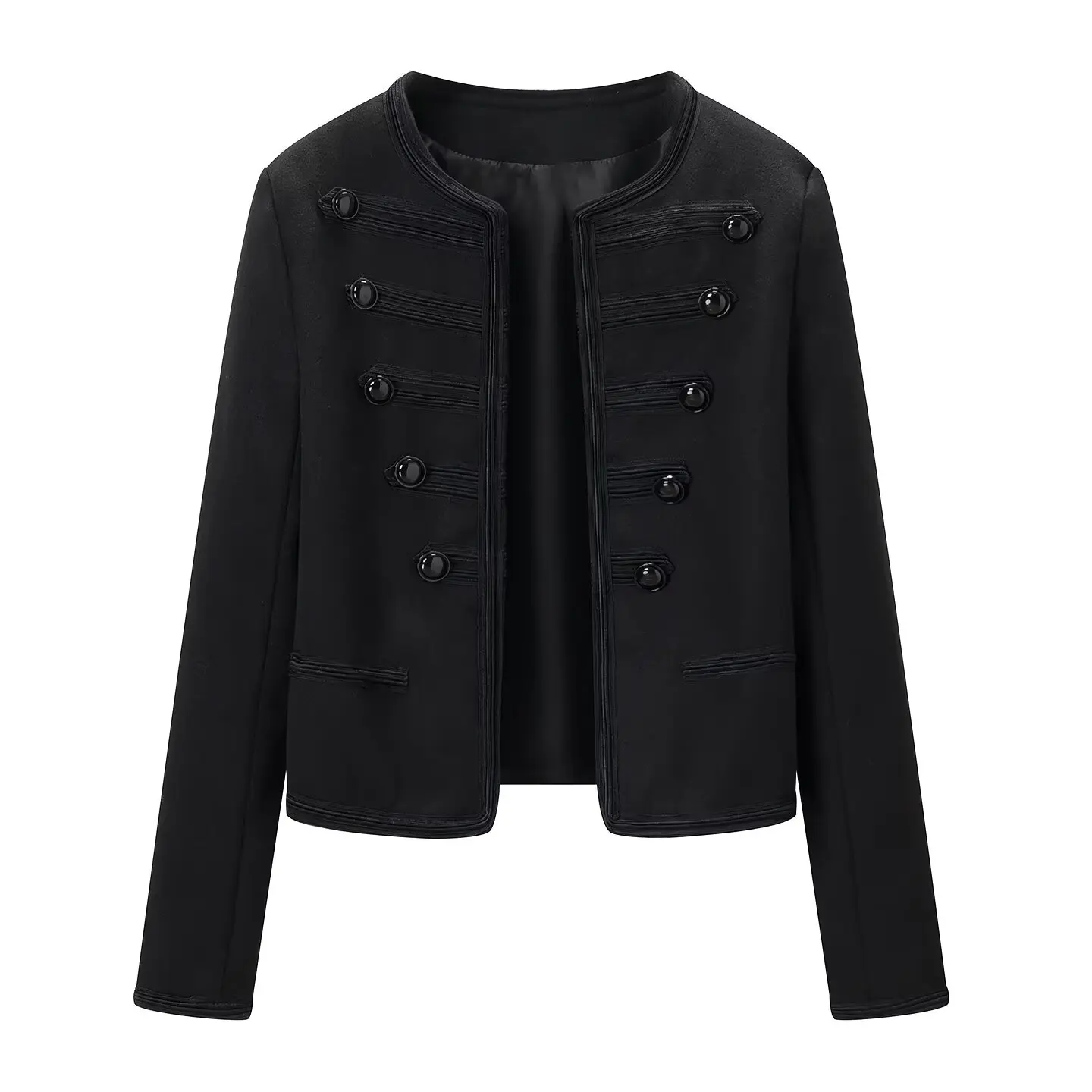 2026 Women's Casual Military Black Buttons Round Collar Jacket Lady New Daily Street Full Sleeves Napoleon Wear Slim Short Coats