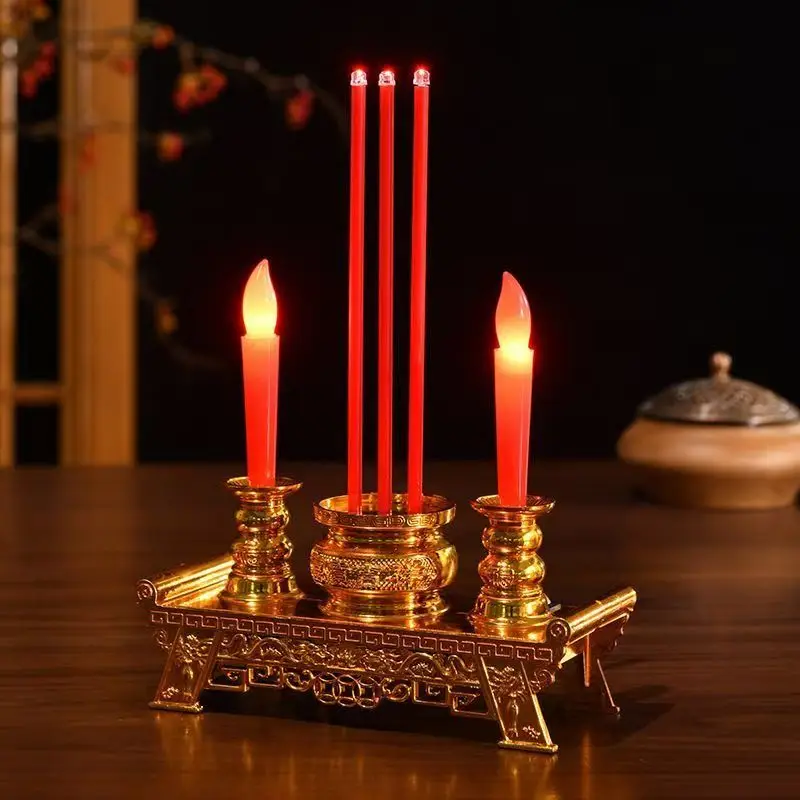 LED Incense Burner With Two Red Candle,Golden Electronic Candlelight For Home Altar Prayer,Buddhist Festival Decorations