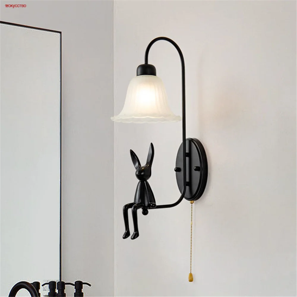 French Retro Black Rabbit Glass Shade Led Wall Lamp With Pull Rope Switch For Bedroom Bedside Sofa Study Stairs Bar Loft Lights