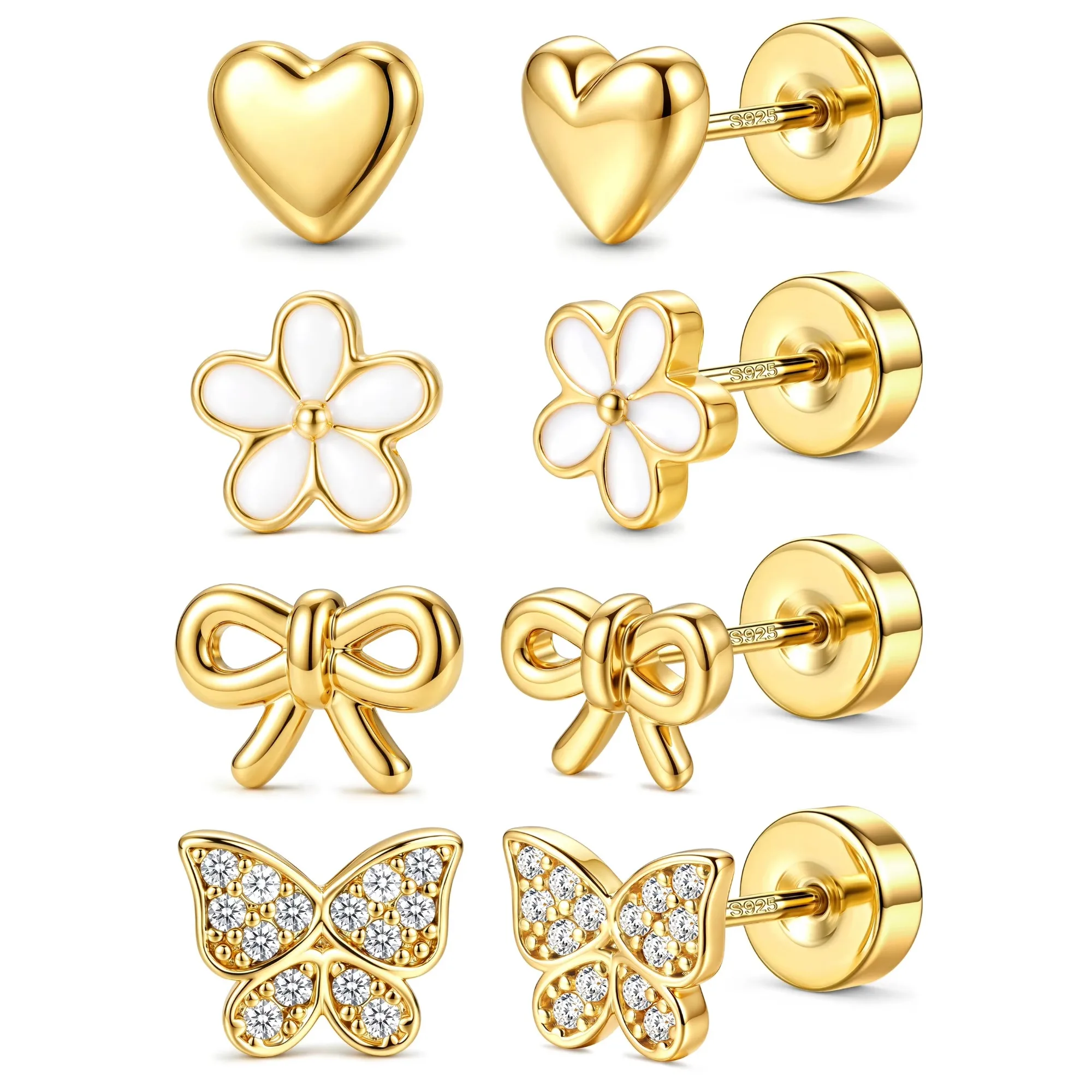 Bobisty 4Pairs  Silver Needle Stud Earrings for Women Flat Back Cute CZ Heart Flower Earrings Cartilage Helix Piercing Jewelry