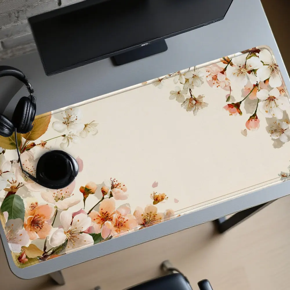 Cherry Blossom Desk Mat Extra Large Watercolor Floral Mouse Pad Non-Slip Rubber Office Setup Mat