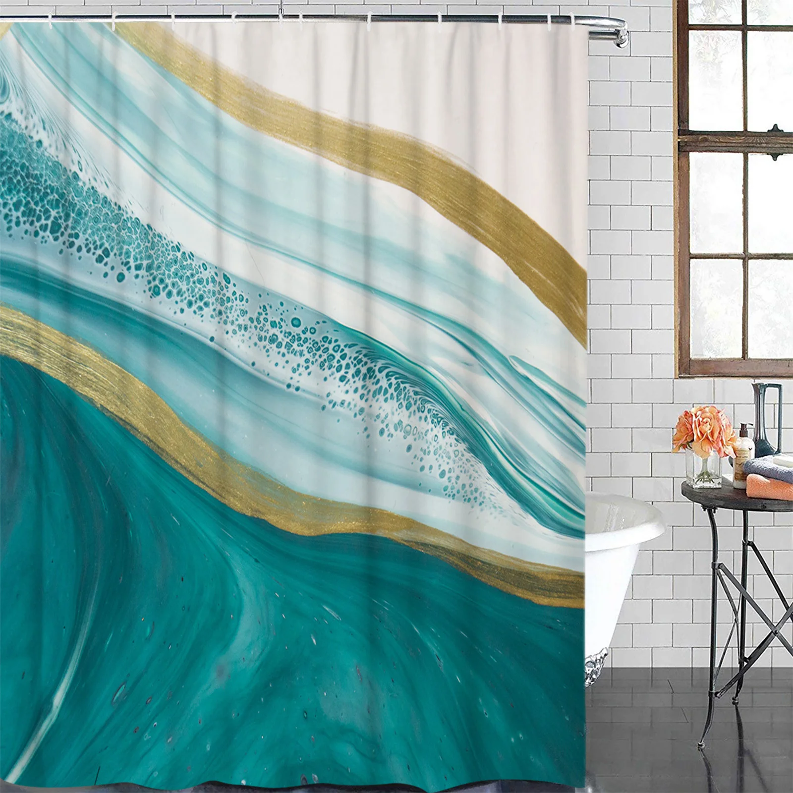 Teal Gradient Texture Marbling Watercolor Waterproof Shower Curtain With Hook Bath Curtains Bathroom Decoration Accessories