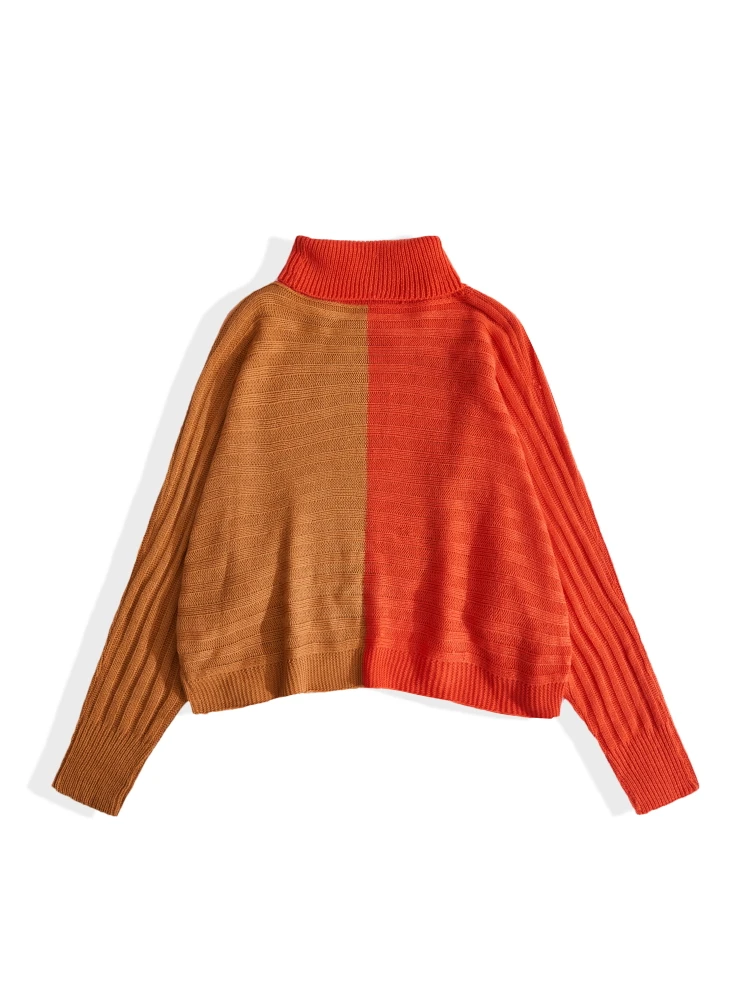 ONELINK Orange Brown Asymmetric Design Mock Neck Batwing Plus Size Autumn Winter Women Pullover Sweater Oversize Woolen Clothing