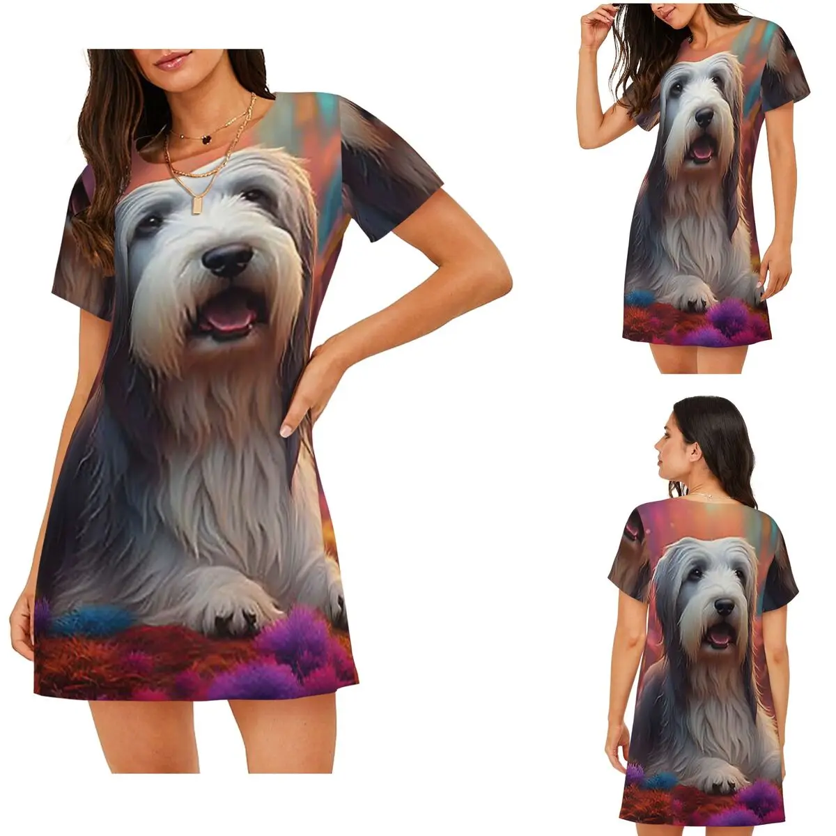 Custom Bearded Collie Dog In Colorful Nature Short Sleeves Nightdress For Sleeping Women Short Sleeve Nightgowns Pajama Dress