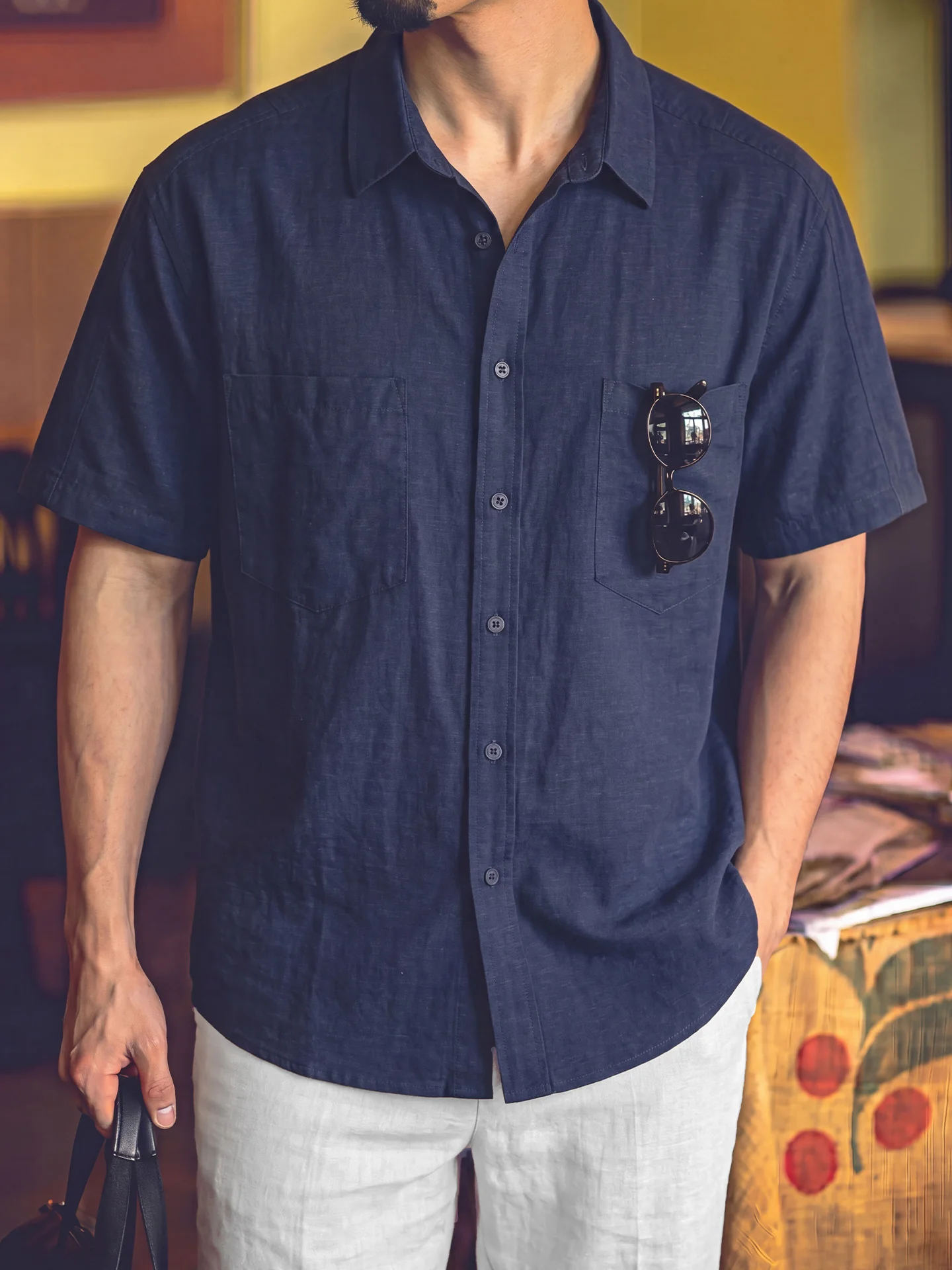 Linen Mix Short Sleeve Shirt Men's Summer Breathable Cool Feeling Dark Blue American Retro Commute Shirt Casual Loose Fit