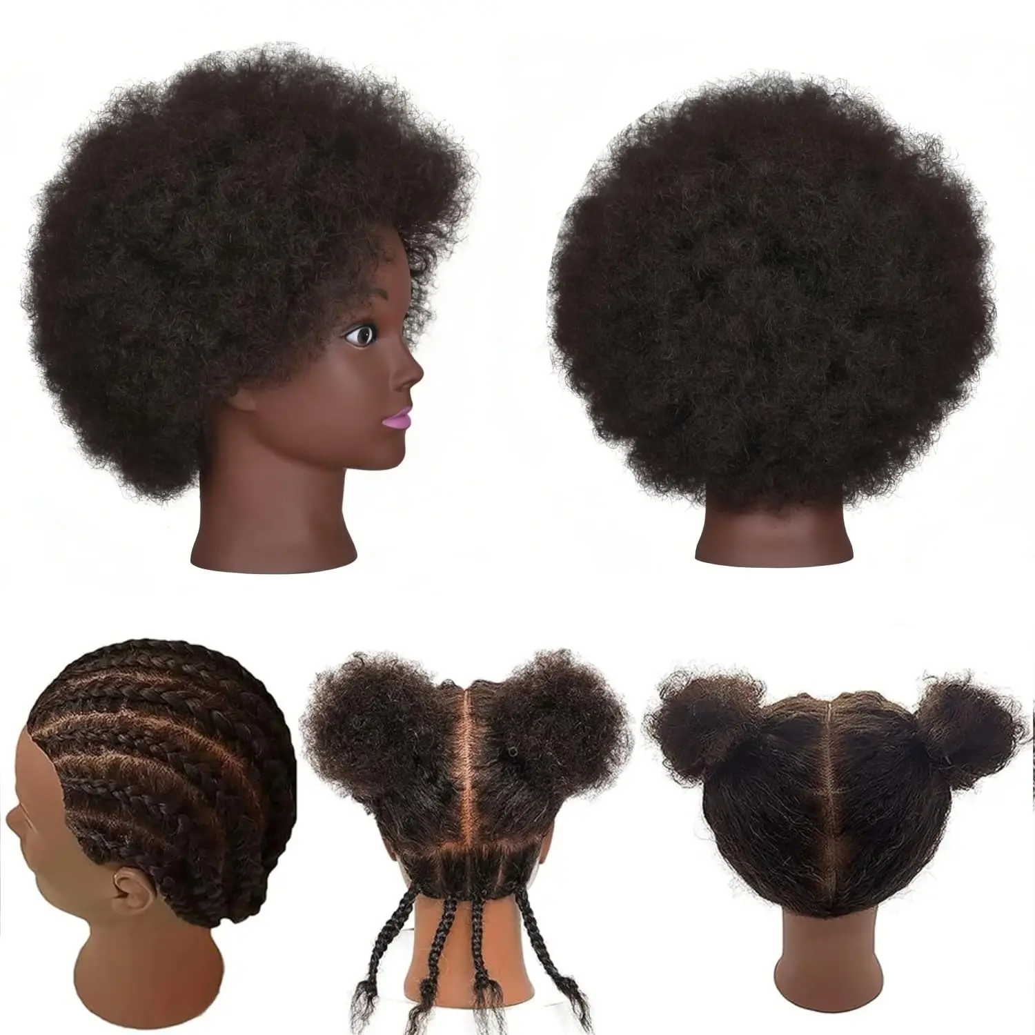 African Braiding Mannequin Head with 100% Human Hair 8” Cosmetology Afro Black Mannequin Head for Kids Practice Braiding Training Manikin Doll Head for Hair Styling
