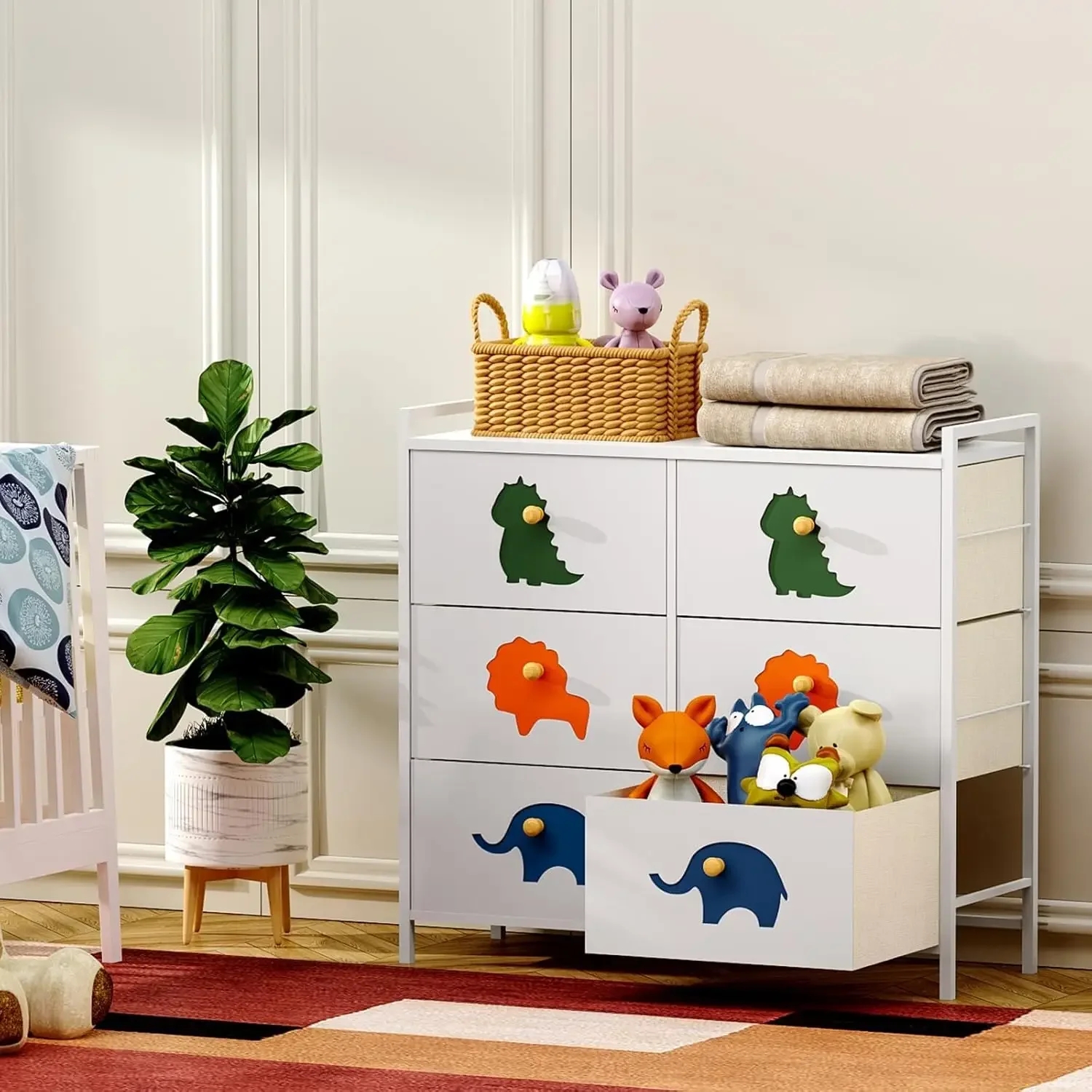 Kids Dresser for Bedroom, Baby Dresser with 6 Fabric Drawers Tall Storage Organizer for Toddler Child with Wood Top Metal Frame