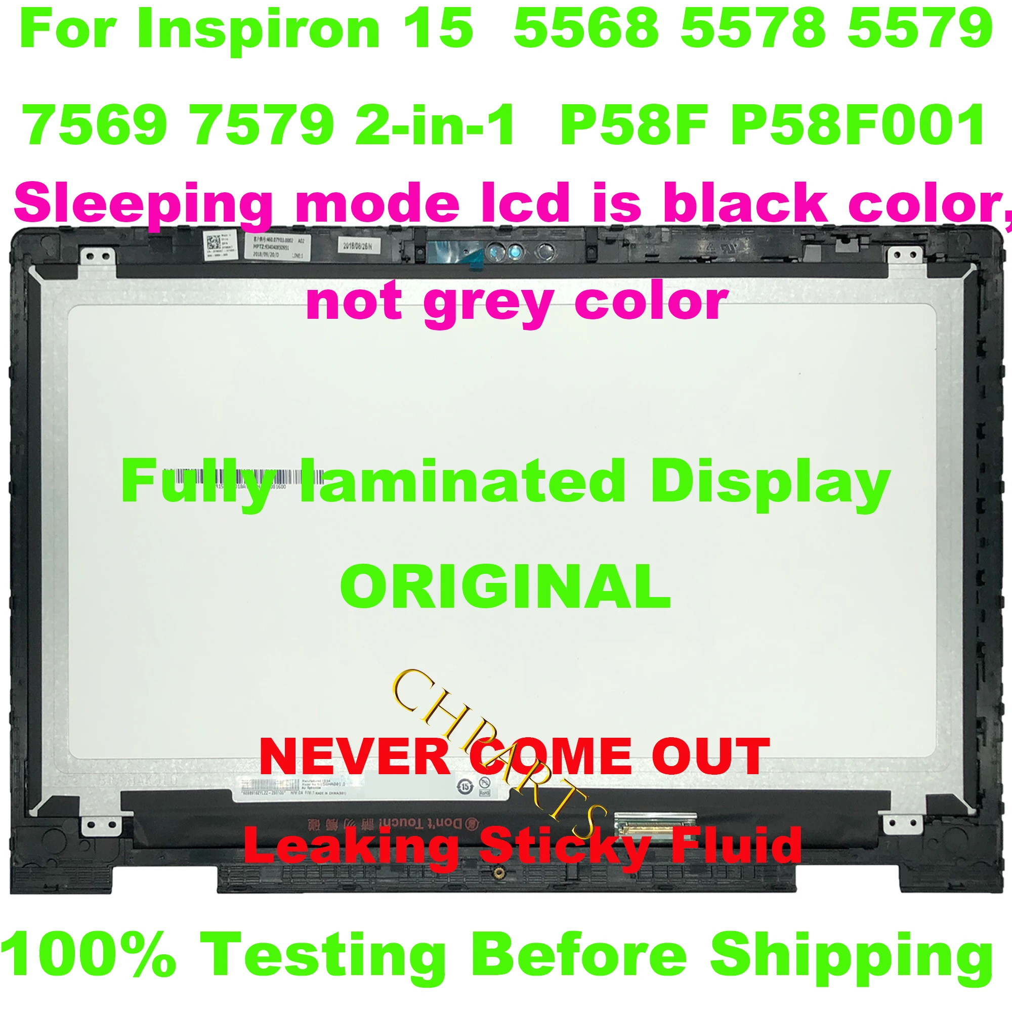 Touch Screen Display Assembly Substituição LCD, 15.6 ", FHD, 1920x1080, Dell Inspiron 15, 5568, 5578, 5579, 7569, 7579, P58F, P58F001