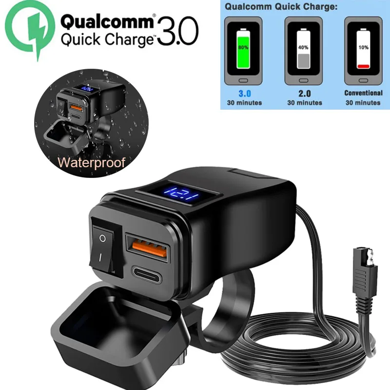 

Motorcycle Charger Dual USB QC3.0 Fast Charger Power Adapter Socket with Switch Waterproof Digital Voltmeter Moto Accessory