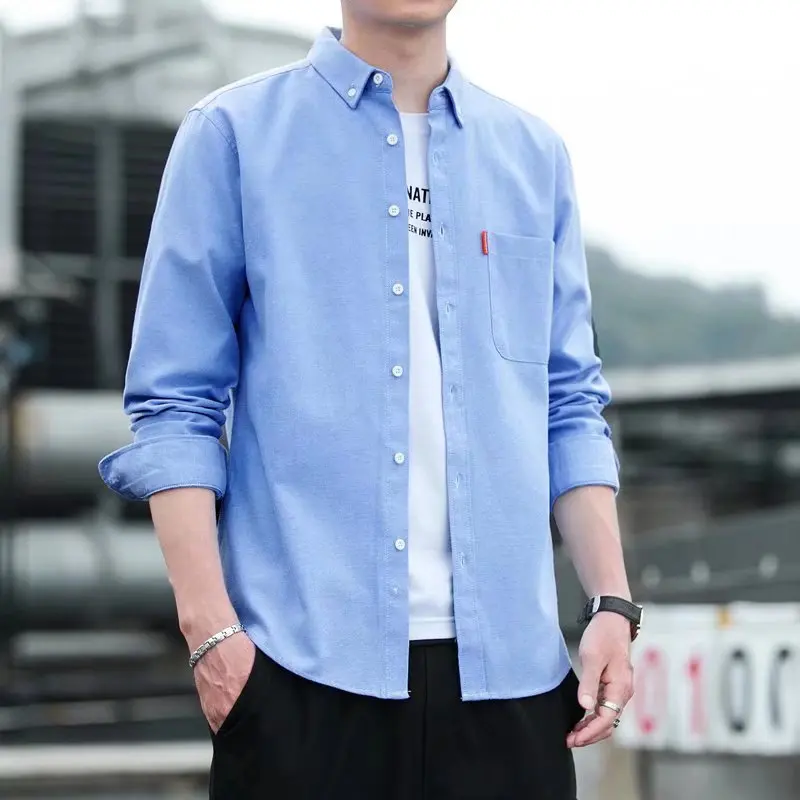 Summer New Men's Pure Cotton Oxford Weave Iron-Free Business Shirt Casual Slim Fit Vintage  Color Long Sleeve Men's Jacket