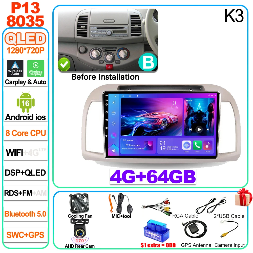 9 inch Android 16 autoradio multimediaspeler GPS voor Nissan March Micra K12 2002 2003 2004 2005 2006 2007 2008 2009 2010