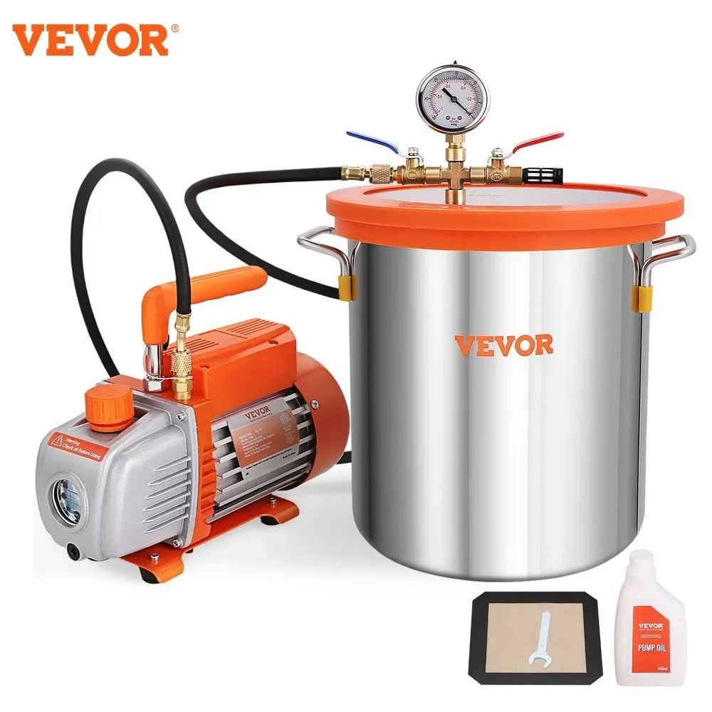 VEVOR Vacuum Pump Chamber Kit&3.5CFM 3GAL/5GAL Tempered Glass Lid Vacuum Degassing Chamber Kit for Stabilizing Wood, DIY Epoxies