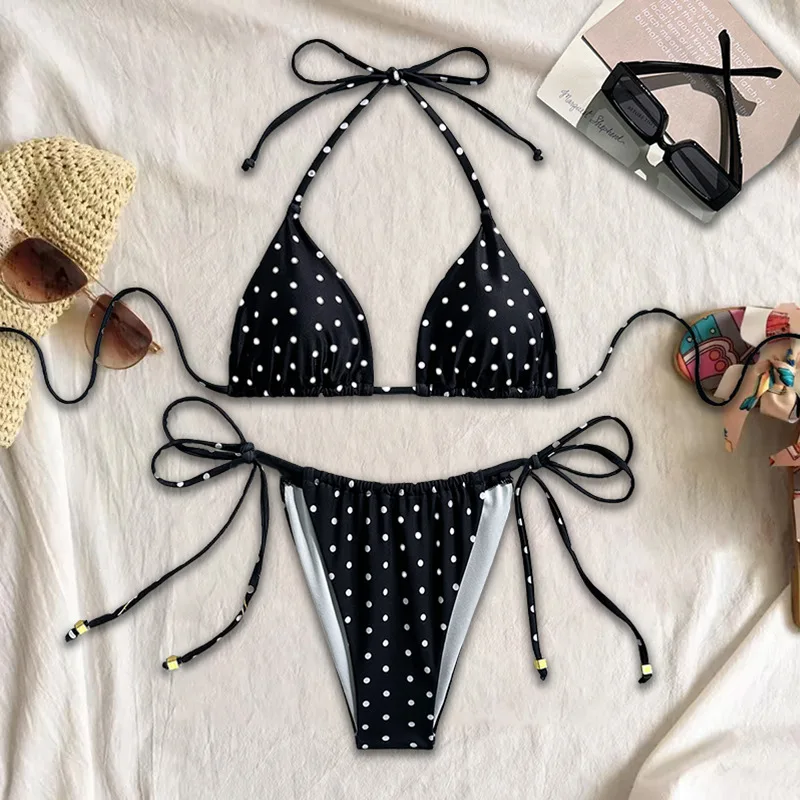 Women's Black & White Polka Dot Bikini Set Halter Triangle Tie Side Two Piece Swimwear Stylish Beach Pool Summer Vacation Outfit