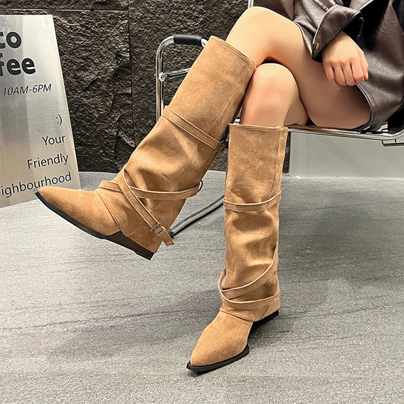 

Wedges Women High Boots Designer Pointed Toe Shoes Sexy Suede Winter Boots 2025 New Fashion High Heels Chelsea Botas Para Mujer