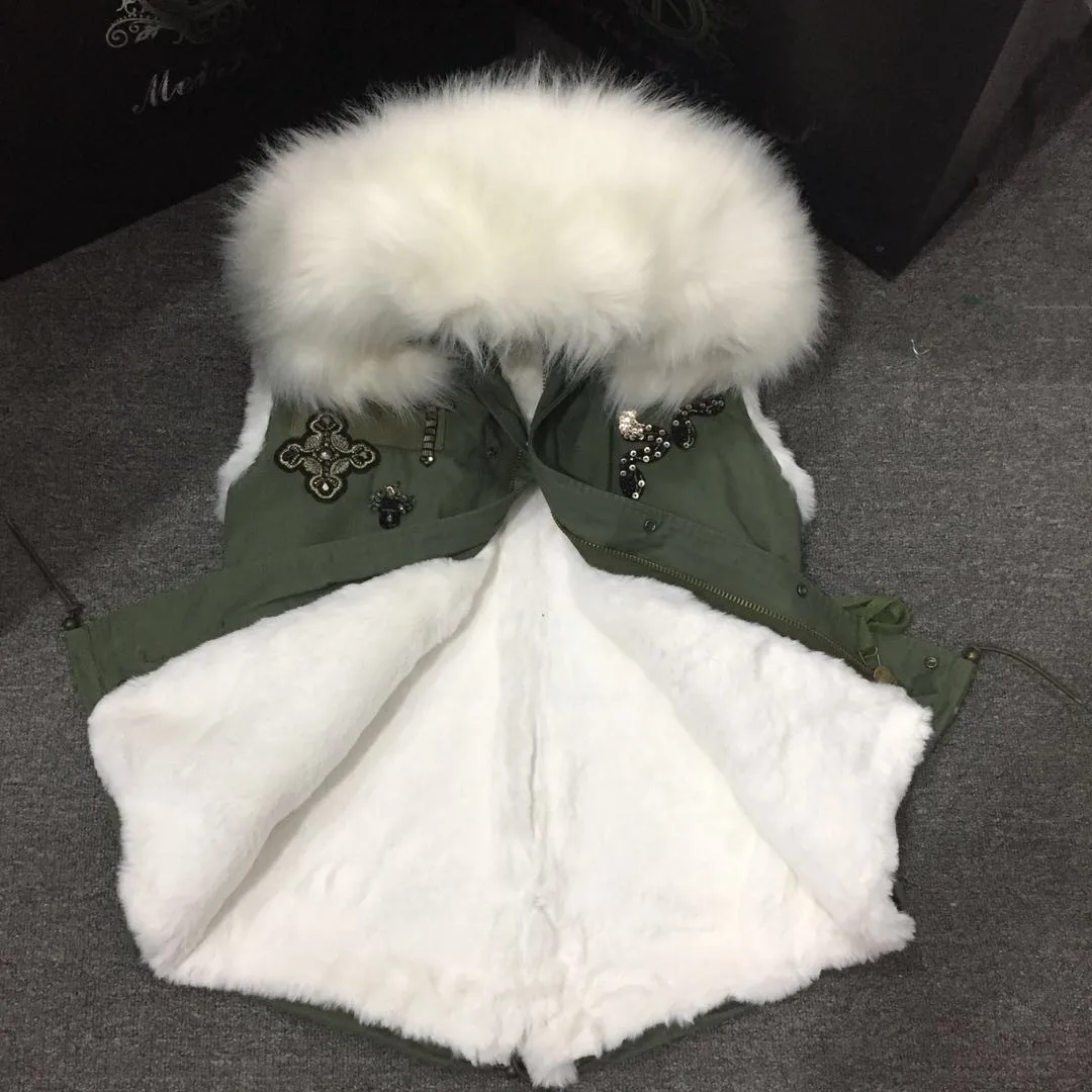 New Trend Army Green Warm Waistcoat All Pure White Faux Fur Lined Vest For Women Shiny Beads Ladies Coat