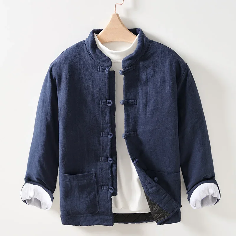 All-match Cotton Linen Knot Button Outwear Jacket Men Retro Chinese Style Male Warm Padded Jacket Harajuku Loose Solid Color