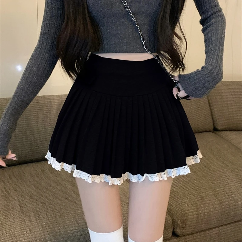 Autumn Winter Woolen Pleated Mini Skirt Women Sweet Puffy Lace A Line Short Skirts Korean Preppy Style High Waist Black Skirt