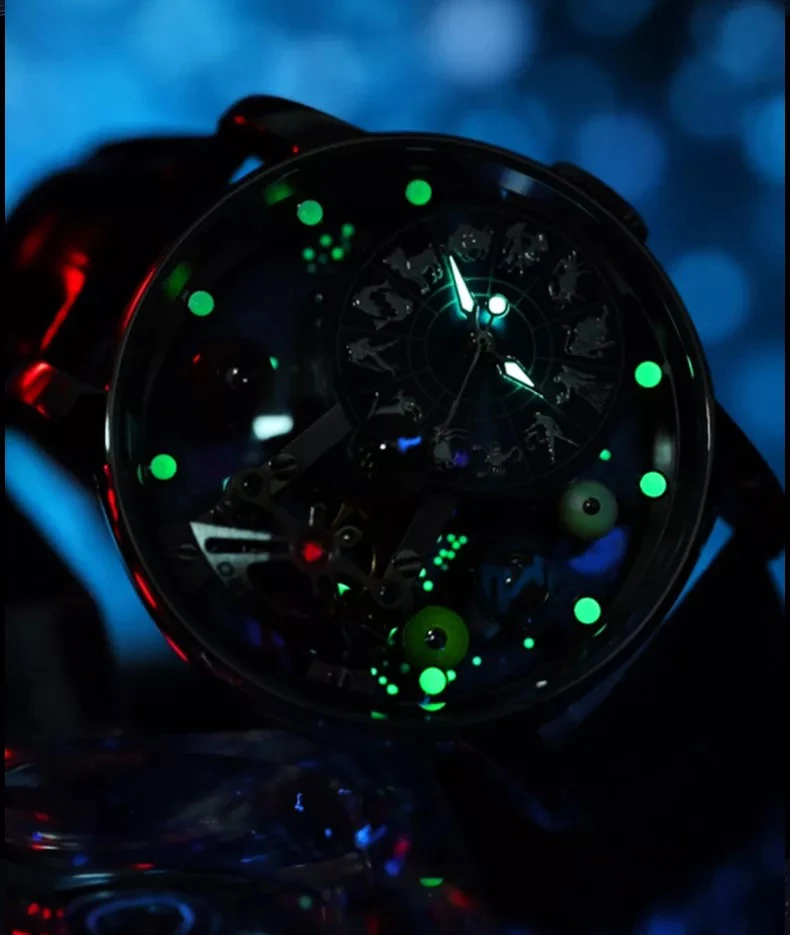 HANBORO Men Automatic Watch 43.5mm Mechanical Wristwatch Luminous Rotatable Background Nine Planets 12 Constellation Dial