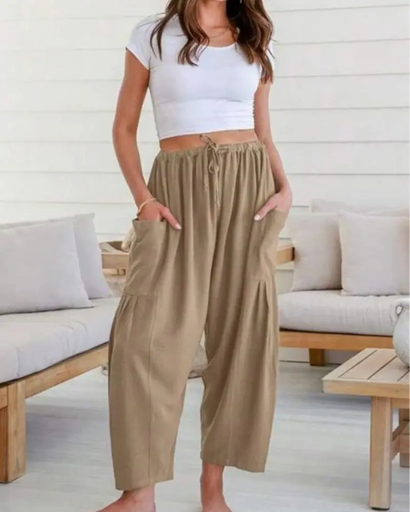 2026 Women's Casual Linen Pants Loose Wide Leg Drawstring Waist Trousers with Pockets Summer Beach Boho Bottoms