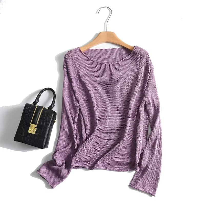 YENKYE New  Women Purple Long Sleeve O Neck Knit Sweater Casual Autumn Pullover Jumper