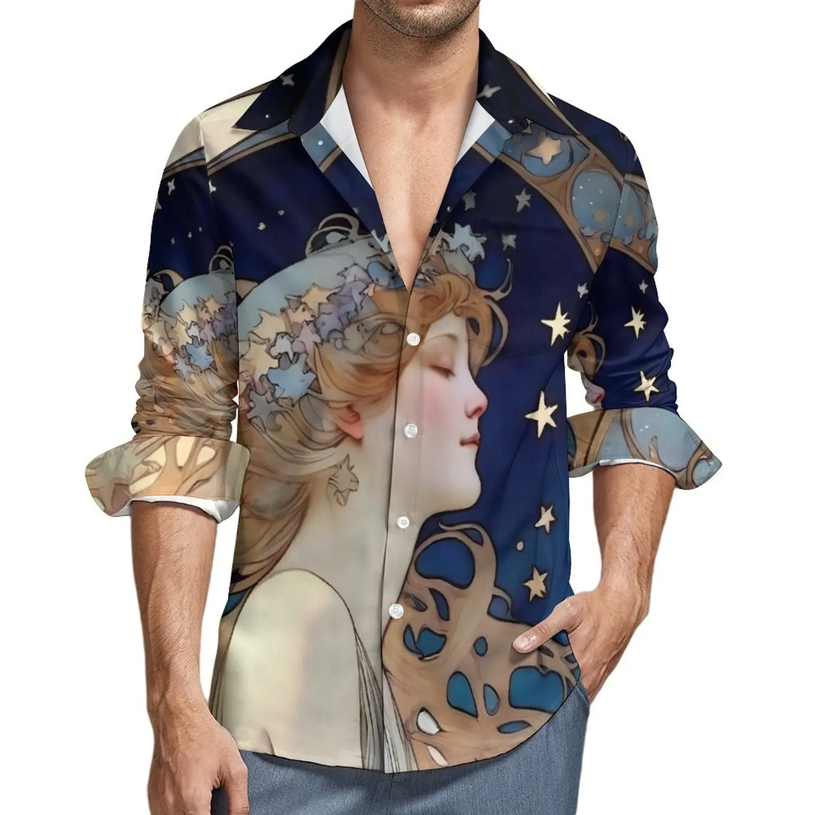 

Art Nouveau Casual Shirts Alphonse Mucha Inspired Moon and Stars Novelty Shirt Street Oversize Blouse Long Sleeve Clothing Gift